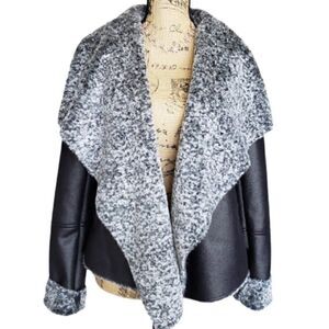 Women's Suede Faux Fur Jacket Medium Black Open Front Chic Cozy Coat NEW